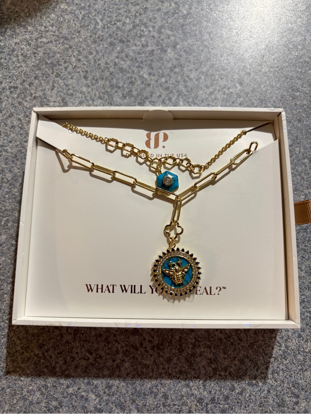 Gold-Tone Layered Necklace with Turquoise Bee Medallion luxe layer spring 2026